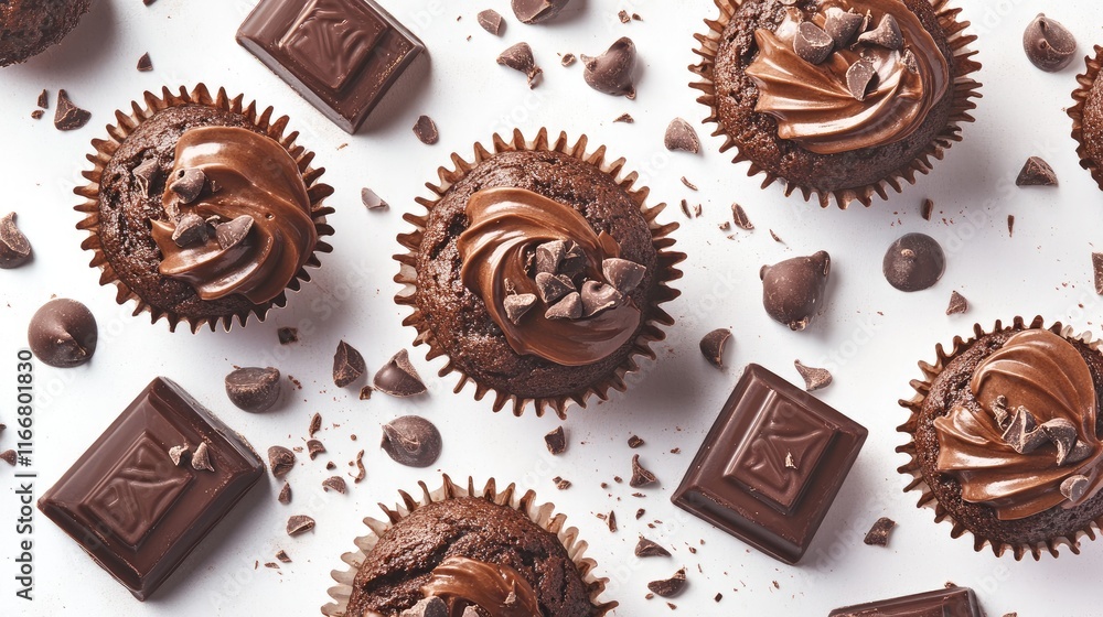 Deliciously decadent chocolate muffins topped with creamy frosting and chocolate shavings on a clean white background Deliciously decadent chocolate muffins topped with creamy frosting and chocolate shavings on a clean white background