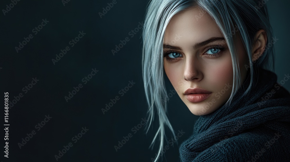 Stylish portrait of a fashion model with striking silver hair and captivating blue eyes against a dark background. Stylish portrait of a fashion model with striking silver hair and captivating blue eyes against a dark background.