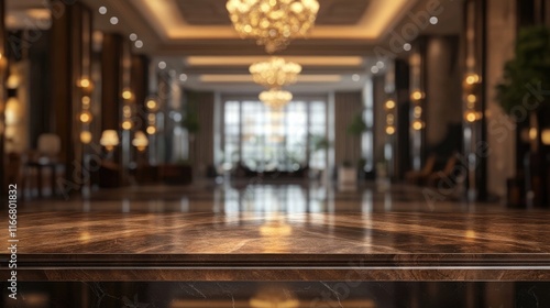 Wallpaper Mural Luxurious Evening Hotel Lobby with Empty Wooden Table Top Ideal for Product Placement or Branding Display Torontodigital.ca