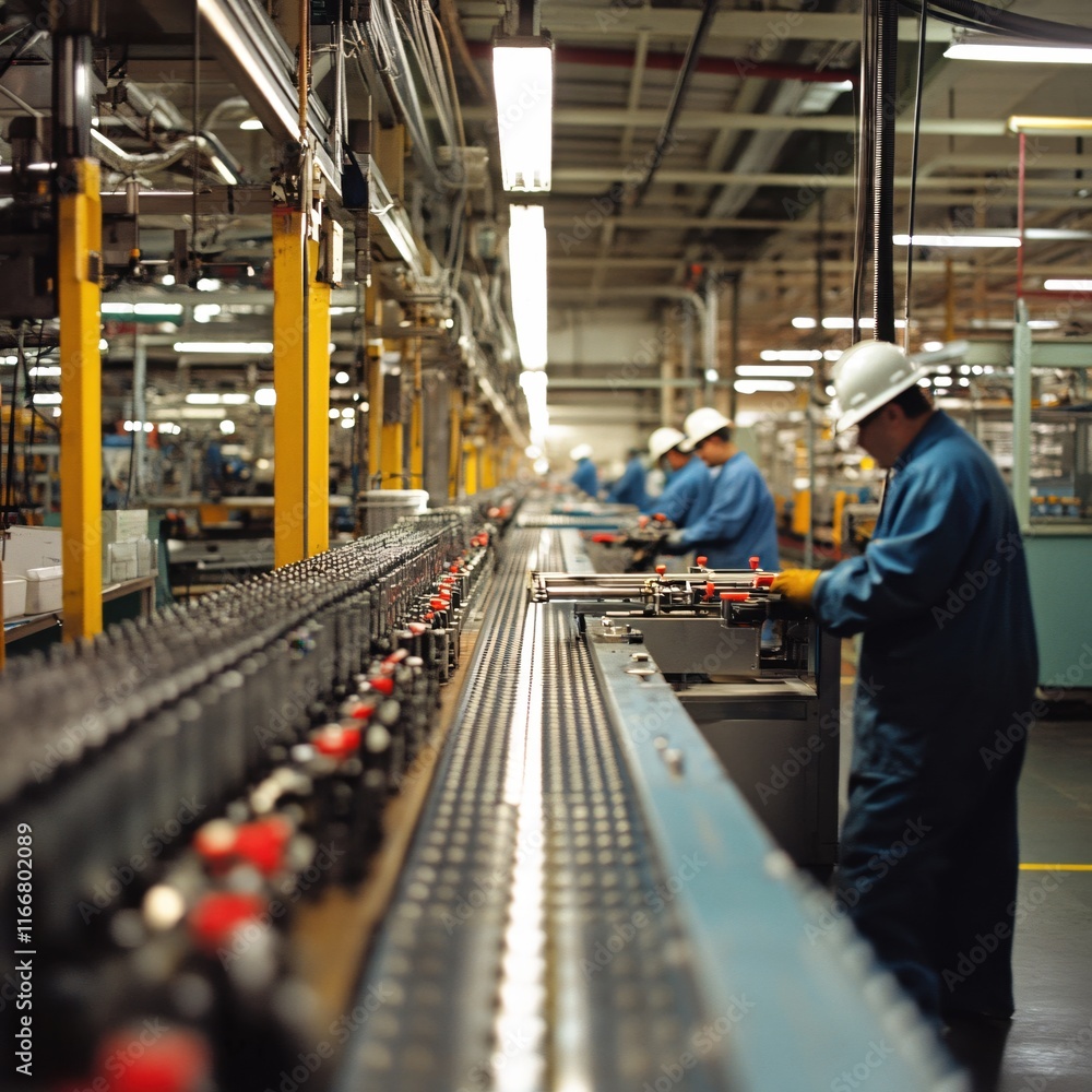 Industrial Workers Operate Machinery in a Modern Manufacturing Facility with Precision Industrial Workers Operate Machinery in a Modern Manufacturing Facility with Precision