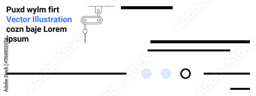 Minimalistic design with an abstract technical component, various horizontal lines, text elements in different fonts, and small blue and black dots. Ideal for modern, clean aesthetics, web design