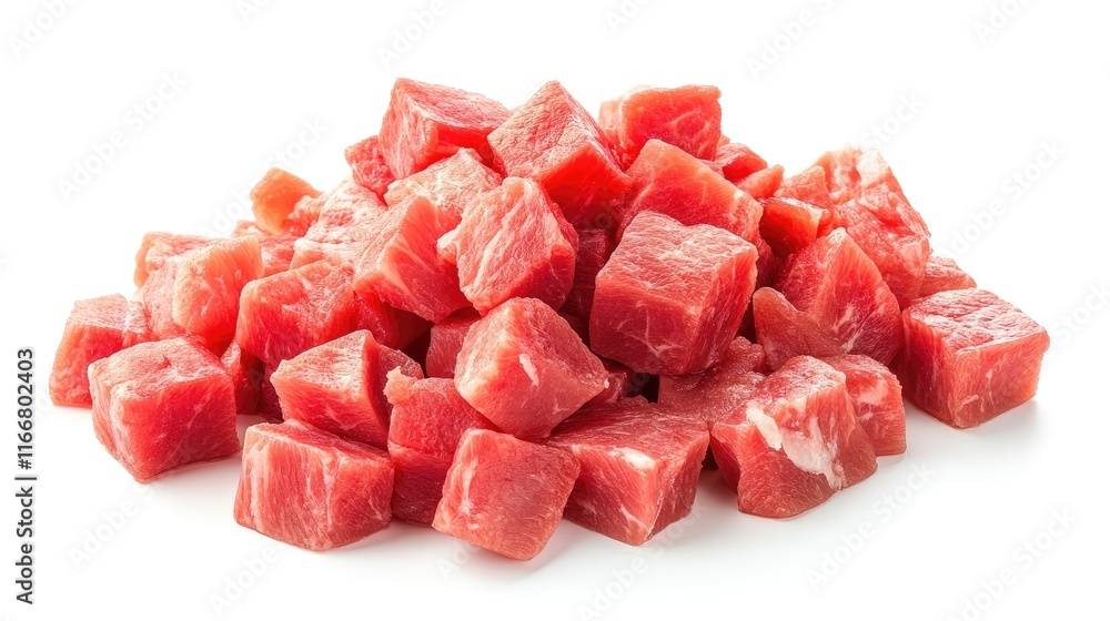 Diced fresh pork tenderloin cubes on a clean white background for culinary and food preparation presentation. Diced fresh pork tenderloin cubes on a clean white background for culinary and food preparation presentation.