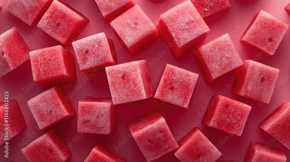 Vibrant overhead view of neat cubes of fresh juicy watermelon arranged on a colorful backdrop showcasing summer freshness and texture. Vibrant overhead view of neat cubes of fresh juicy watermelon arranged on a colorful backdrop showcasing summer freshness and texture.