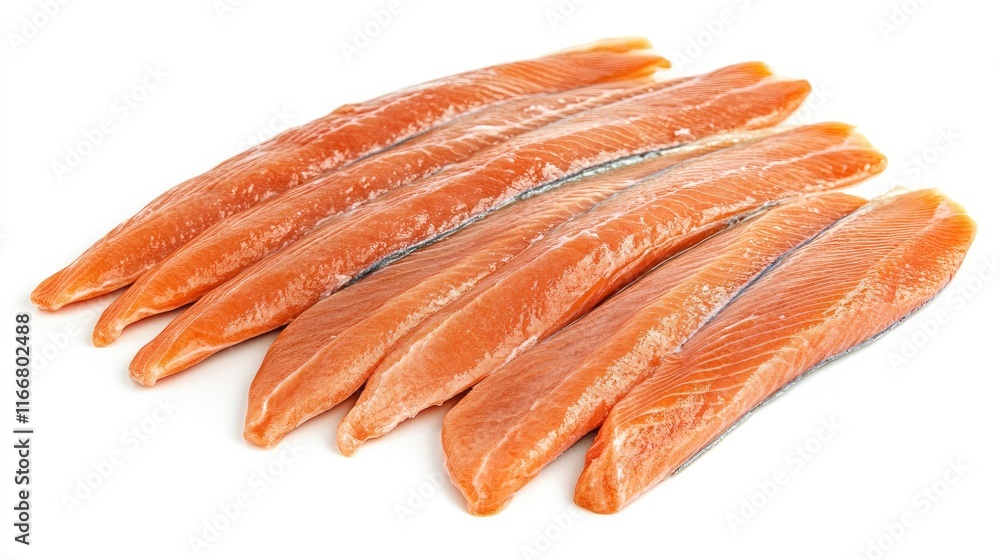 High-quality fresh pink salmon fillets neatly arranged on a clean white background showcasing their vibrant color and freshness. High-quality fresh pink salmon fillets neatly arranged on a clean white background showcasing their vibrant color and freshness.