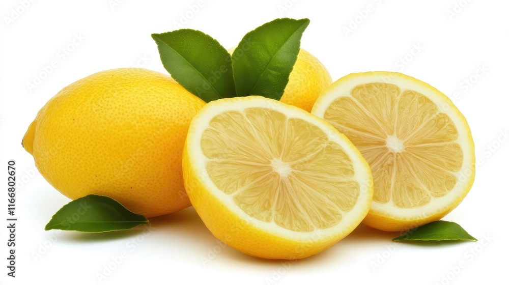 Fresh whole lemons and lemon slices with green leaves on a bright white background ideal for culinary and health themed projects Fresh whole lemons and lemon slices with green leaves on a bright white background ideal for culinary and health themed projects