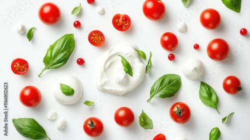 Wallpaper Mural Fresh dairy assortment with mozzarella, ricotta, cherry tomatoes, and basil leaves on a bright surface creating a vibrant food composition. Torontodigital.ca