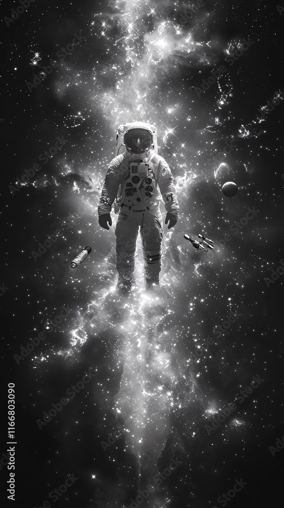 Obraz premium Alone Among Stars: Astronaut's Pure Black & White Space Drift