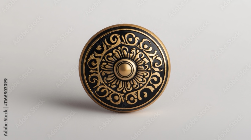 An isolated black and gold button, featuring intricate designs and a raised center, rests on a plain white background. The button's polished surface reflects the surrounding light An isolated black and gold button, featuring intricate designs and a raised center, rests on a plain white background. The button's polished surface reflects the surrounding light