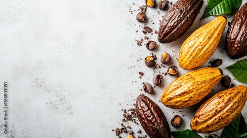 Fototapeta Naklejka Na Ścianę i Meble -  Cocoa pods and beans arranged on a white background showcasing the rich textures and colors of fresh cocoa fruits and leaves