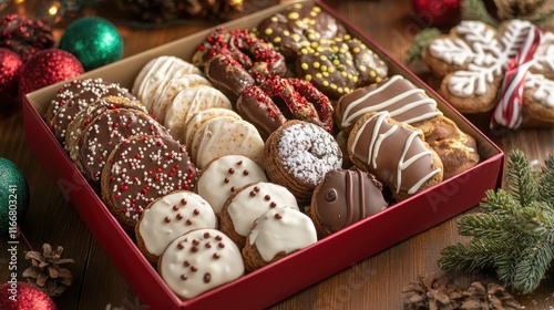 Festive Assortment of Delicious Winter Cookies in Elegant Gift Box with Holiday Decorations photo