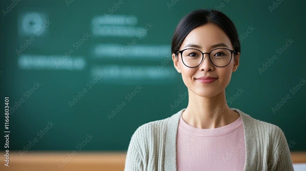 A confident woman in glasses smiles in front of a green chalkboard, embodying a professional and educational atmosphere. A confident woman in glasses smiles in front of a green chalkboard, embodying a professional and educational atmosphere.