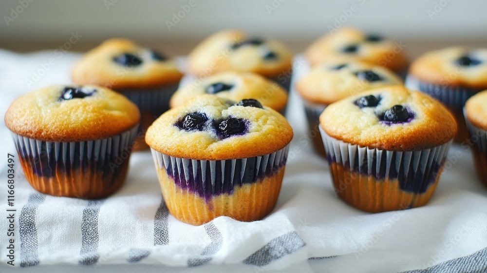 Freshly baked blueberry muffins arranged on a white cloth featuring a rustic kitchen setting with natural lighting Freshly baked blueberry muffins arranged on a white cloth featuring a rustic kitchen setting with natural lighting