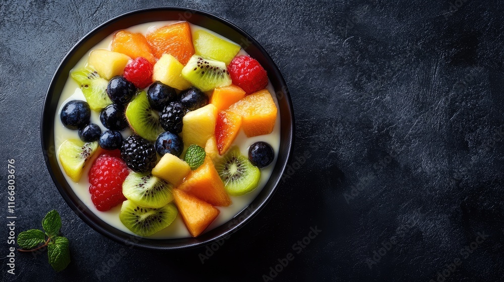 Colorful fruit salad with fresh yogurt served in a black bowl on a dark textured background showcasing healthy dessert options. Colorful fruit salad with fresh yogurt served in a black bowl on a dark textured background showcasing healthy dessert options.