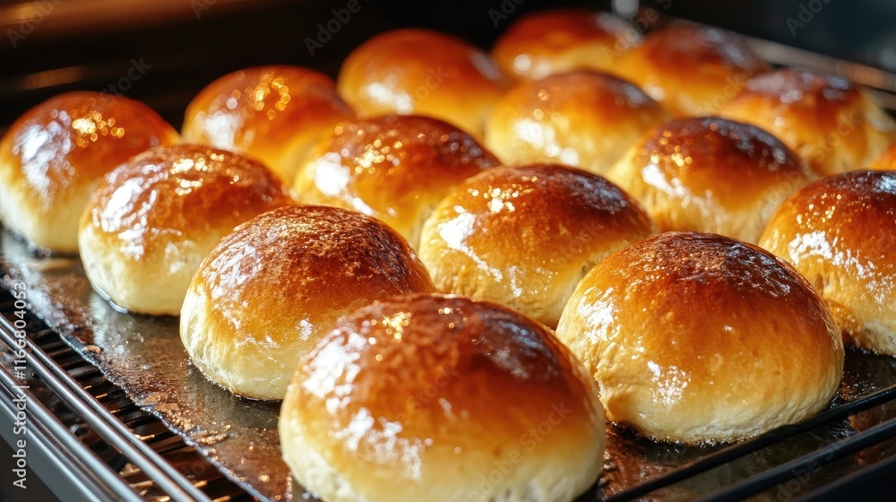 Freshly Baked Golden Rolls Cooling in Oven Bakery Kitchen Delicious Artisan Bread Preparation Freshly Baked Golden Rolls Cooling in Oven Bakery Kitchen Delicious Artisan Bread Preparation