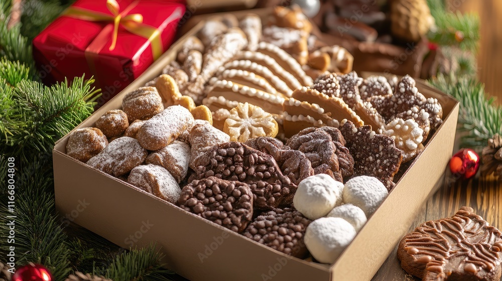 Festive Assortment of Delicious Winter Treats in a Gift Box Surrounded by Evergreens and Christmas Decorations Festive Assortment of Delicious Winter Treats in a Gift Box Surrounded by Evergreens and Christmas Decorations