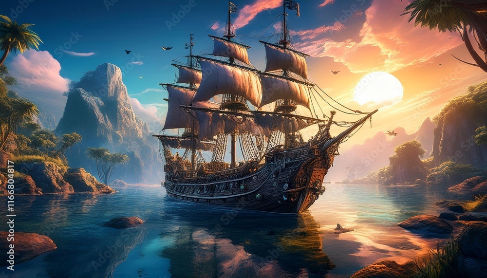 Obraz premium pirate ship in the sunset