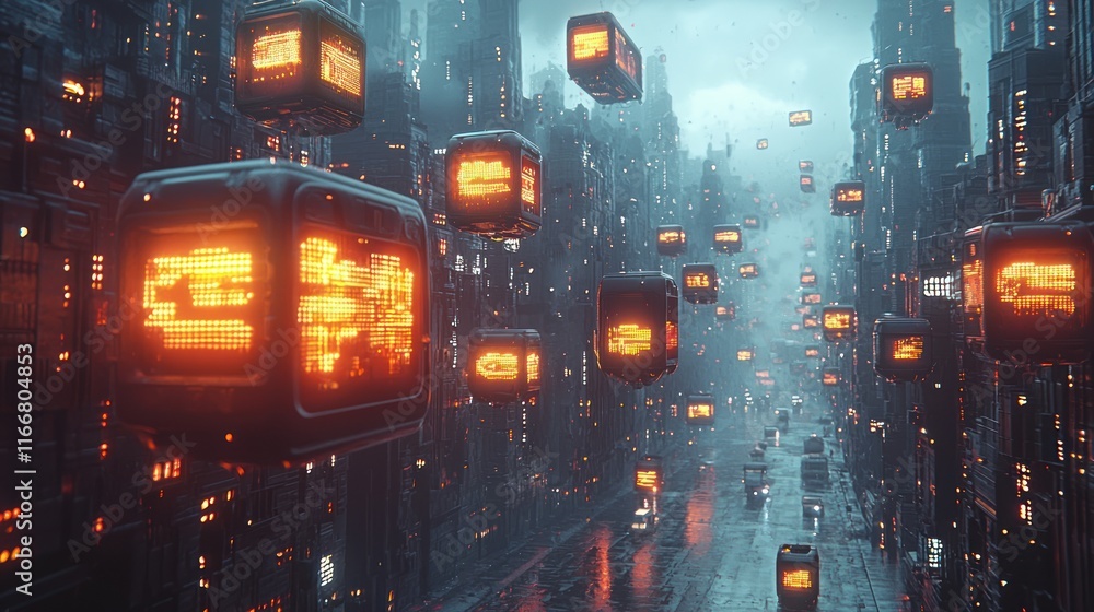 Obraz premium Futuristic cityscape with glowing data cubes.