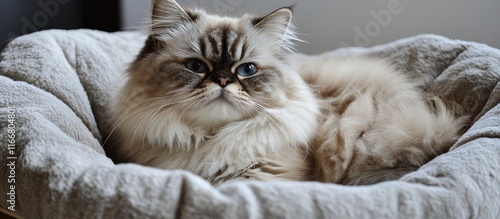 Fluffy longhaired cat relaxing in a plush cozy bed showcasing ultimate comfort and serenity for pets photo