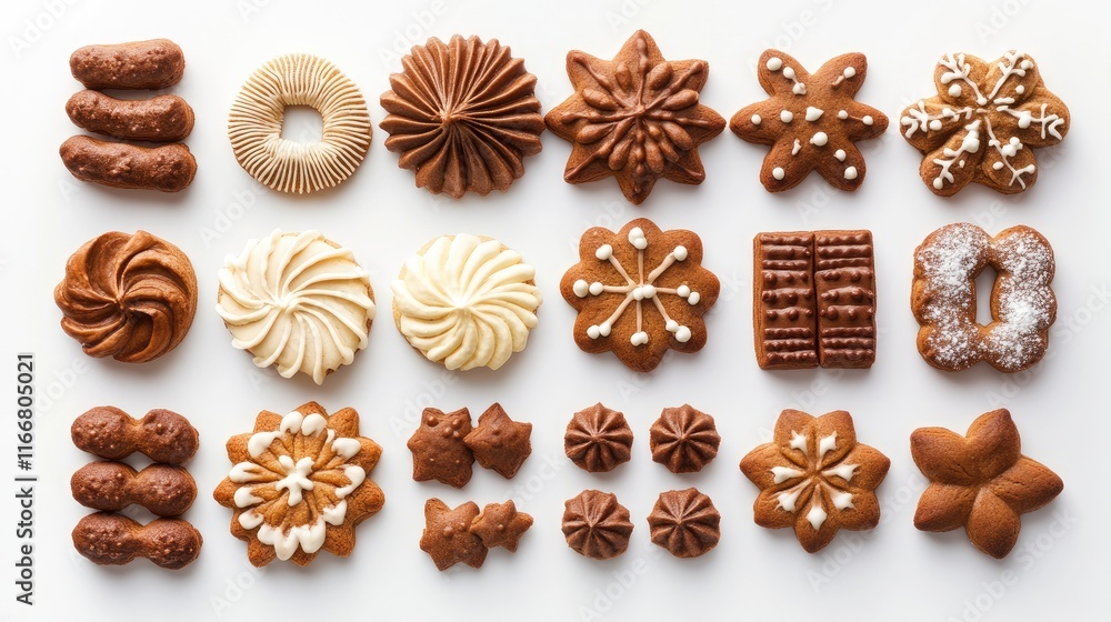 Festive flatlay of assorted Christmas gingerbread cookies in various shapes and designs on a white background Festive flatlay of assorted Christmas gingerbread cookies in various shapes and designs on a white background