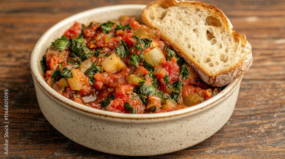 Healthy Food Revolution: Bowl of hearty vegetable stew with rustic sourdough bread on the side