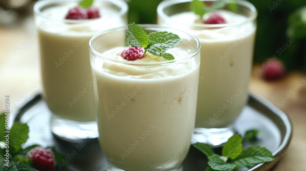 Homemade banana yogurt dessert served in glasses garnished with mint and raspberries on a rustic tray Homemade banana yogurt dessert served in glasses garnished with mint and raspberries on a rustic tray