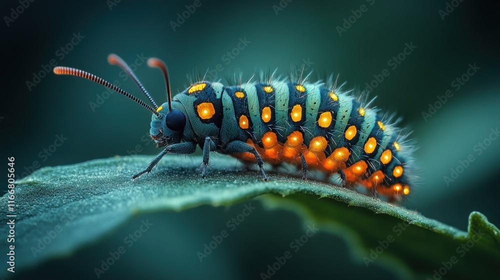 Glowing teal and orange caterpillar on leaf. Glowing teal and orange caterpillar on leaf.