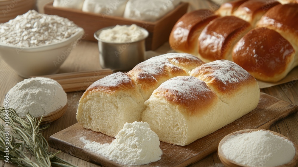Freshly baked bread with ingredients flour and oats arranged on a wooden table showcasing culinary preparation and baking process Freshly baked bread with ingredients flour and oats arranged on a wooden table showcasing culinary preparation and baking process