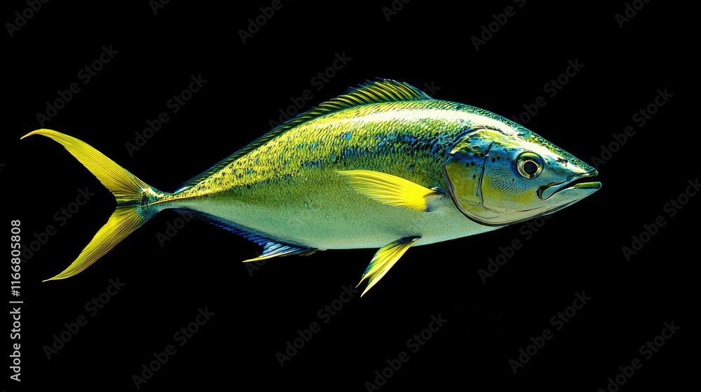 Fototapeta premium Fresh dorado fish elegantly displayed against a dark background showcasing its vibrant colors and intricate details.