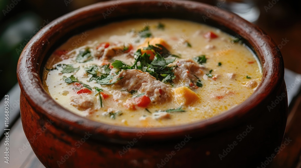 Delicious Brazilian moqueca stew served in a traditional clay pot with fresh herbs and vibrant ingredients. Delicious Brazilian moqueca stew served in a traditional clay pot with fresh herbs and vibrant ingredients.