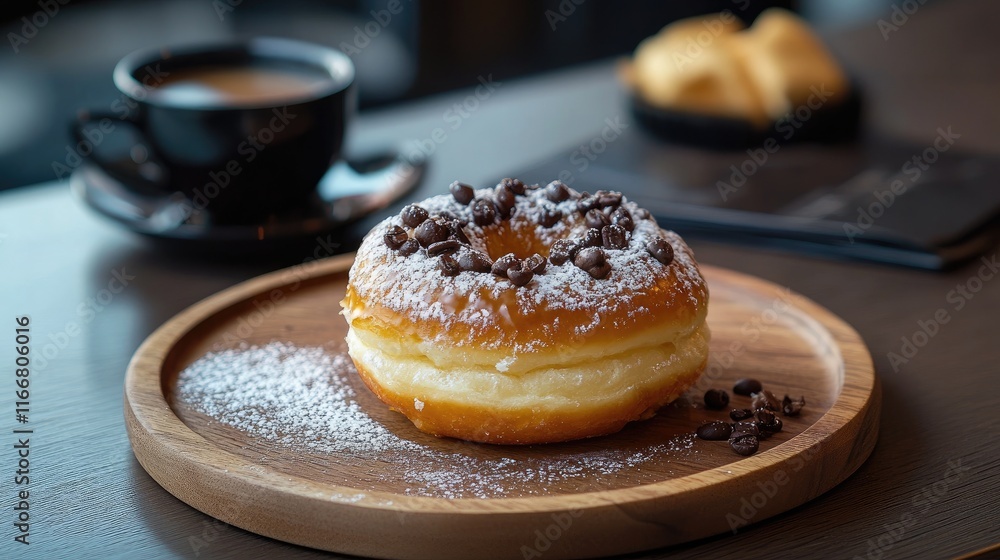 Coffee and gourmet donut on wooden plate, perfect for a cozy breakfast or brunch setting with rich flavors and a relaxing atmosphere Coffee and gourmet donut on wooden plate, perfect for a cozy breakfast or brunch setting with rich flavors and a relaxing atmosphere