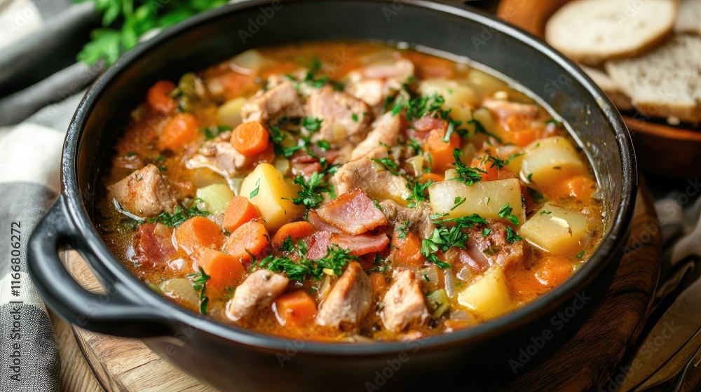Savory German Casserole with Bacon, Fresh Vegetables, and Aromatic Herbs in a Rustic Serving Dish Savory German Casserole with Bacon, Fresh Vegetables, and Aromatic Herbs in a Rustic Serving Dish