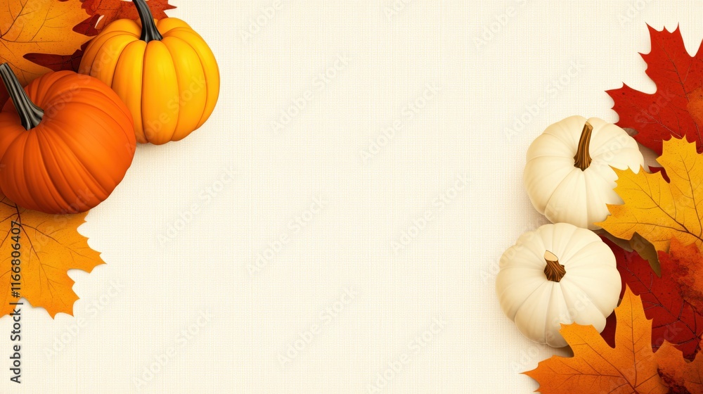 Vibrant Autumn Scene with Colorful Pumpkins and Bright Fall Leaves on Neutral Background Vibrant Autumn Scene with Colorful Pumpkins and Bright Fall Leaves on Neutral Background