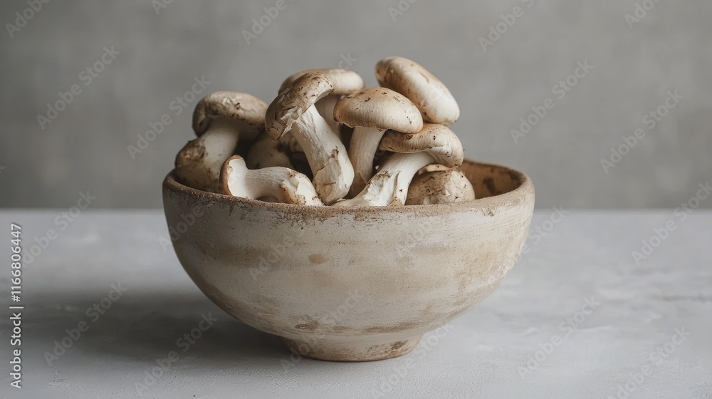Fresh champignon mushrooms arranged in a rustic clay bowl against a minimalist gray backdrop highlighting natural textures and earthy tones. Fresh champignon mushrooms arranged in a rustic clay bowl against a minimalist gray backdrop highlighting natural textures and earthy tones.