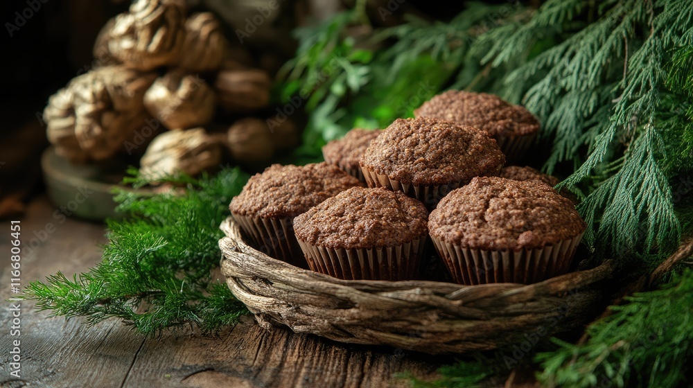 Rustic Display of Freshly Baked Bran Muffins Surrounded by Greenery and Natural Elements in Warm Lighting Rustic Display of Freshly Baked Bran Muffins Surrounded by Greenery and Natural Elements in Warm Lighting