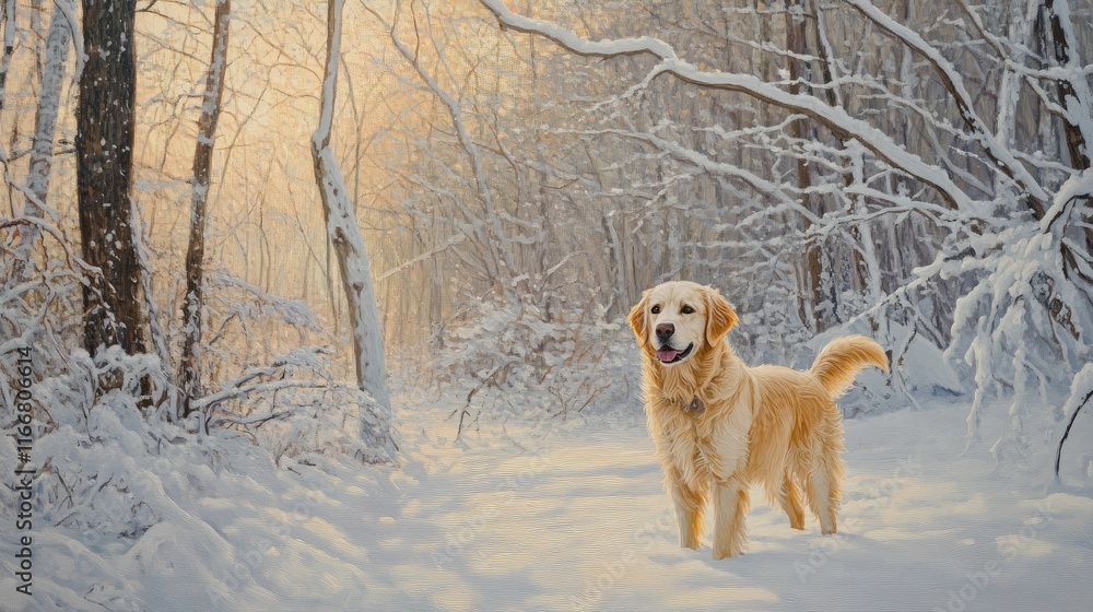 Golden Retriever standing in a snowy winter forest with trees and soft sunlight illuminating the serene landscape Golden Retriever standing in a snowy winter forest with trees and soft sunlight illuminating the serene landscape