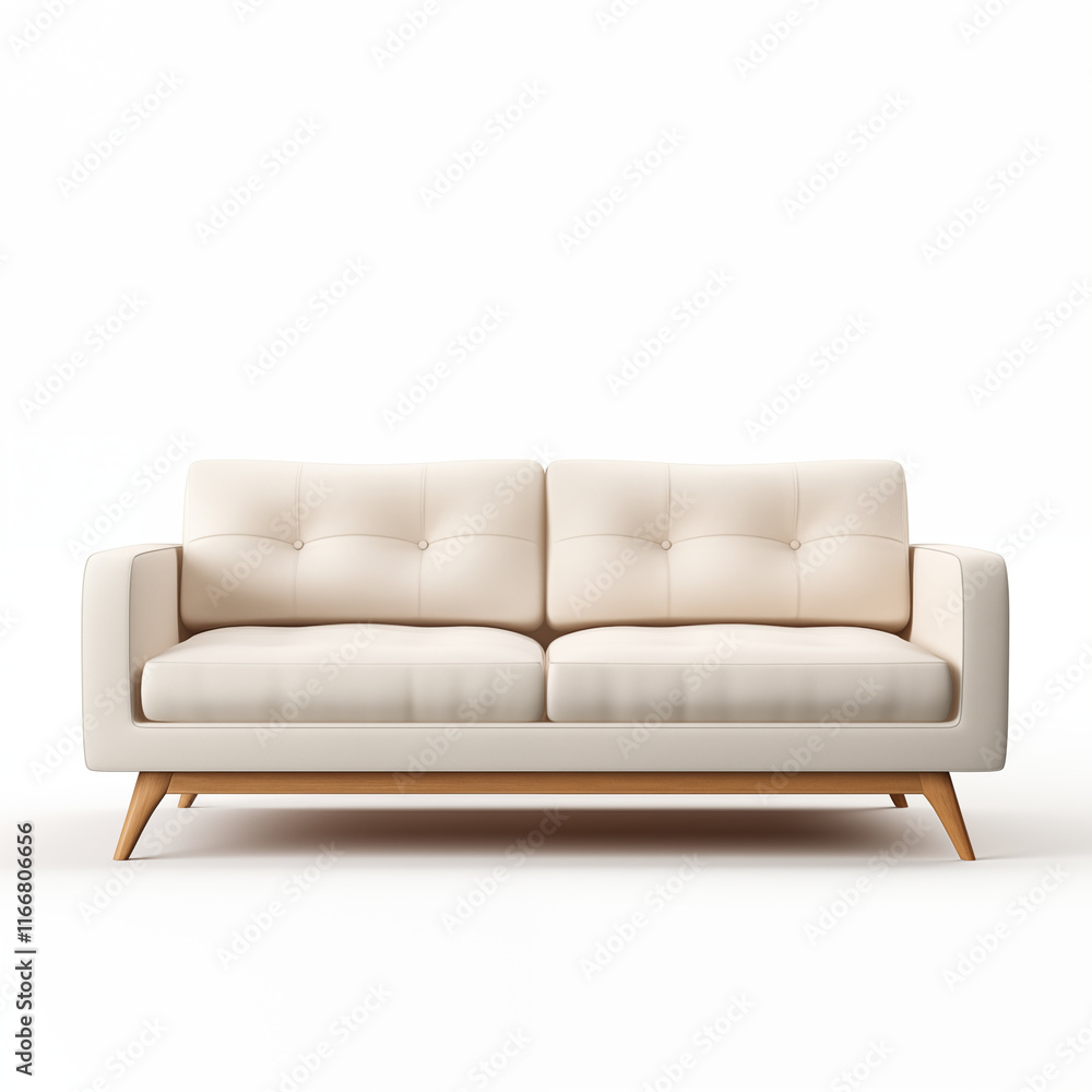 Beige Buttoned Sofa MidCentury Modern Design Wooden Legs Beige Buttoned Sofa MidCentury Modern Design Wooden Legs
