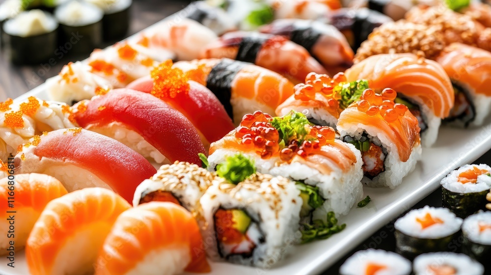 Delicious assortment of fresh sushi rolls and sashimi elegantly presented on a white platter showcasing vibrant colors and textures. Delicious assortment of fresh sushi rolls and sashimi elegantly presented on a white platter showcasing vibrant colors and textures.