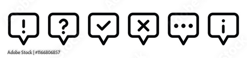 pop up annotation icons for app, web, ui. simple announcement speech bubble icon set including info, alert, question, tick, cross, dots. transparent png and vector illustration.