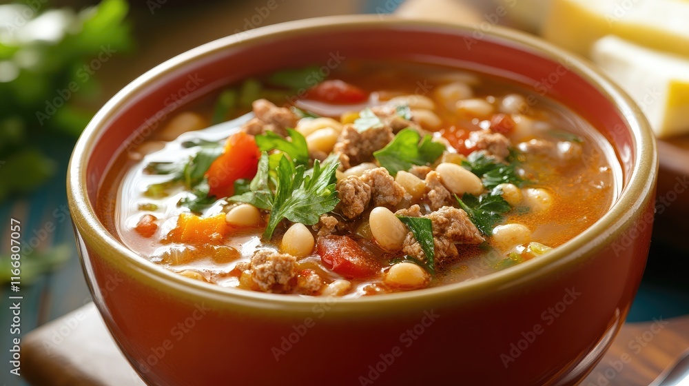 Hearty autumn vegetable soup with fresh herbs and toppings in a rustic bowl on a wooden table Hearty autumn vegetable soup with fresh herbs and toppings in a rustic bowl on a wooden table