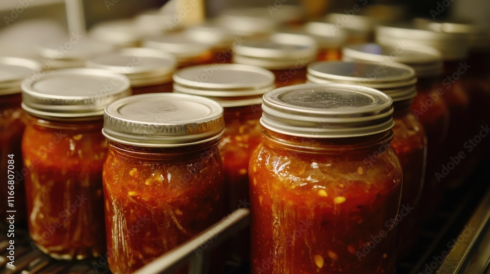 Artisan homemade chili paste in glass jars lined up for preservation and sale in a commercial kitchen setting Artisan homemade chili paste in glass jars lined up for preservation and sale in a commercial kitchen setting