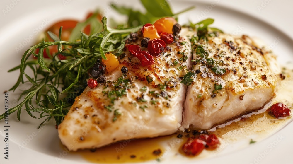 Grilled chicken fillet garnished with fresh herbs and colorful vegetables on a white plate representing a healthy meal option Grilled chicken fillet garnished with fresh herbs and colorful vegetables on a white plate representing a healthy meal option