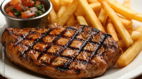 Grilled chicken steak served with crispy french fries and fresh salsa in a rustic setting photo