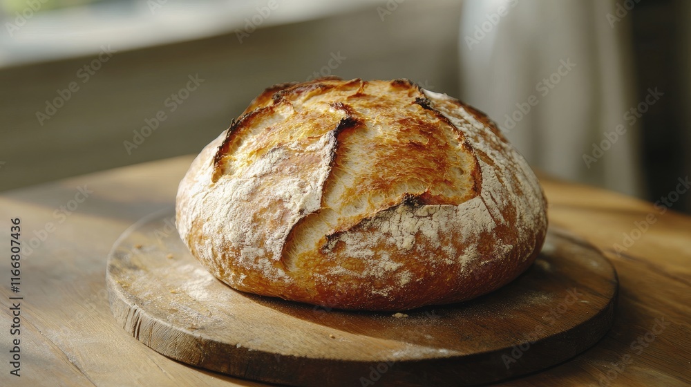 Artisan Sourdough Bread Loaf on Rustic Wooden Cutting Board in Cozy Kitchen Setting Artisan Sourdough Bread Loaf on Rustic Wooden Cutting Board in Cozy Kitchen Setting