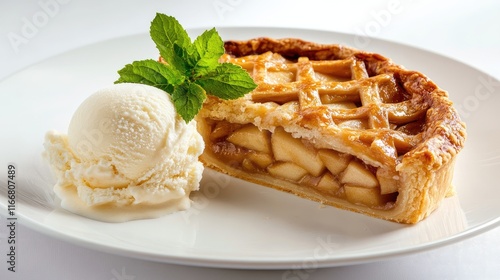 Delicious apple pie slice paired with creamy vanilla ice cream garnished with mint on a classic white plate photo