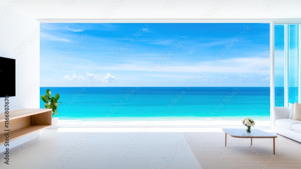 Fototapeta premium Modern interior with ocean view and minimalist design.