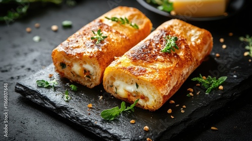 Crispy fried baguette filled with cheese served on a textured black background garnished with herbs for a gourmet food presentation. photo