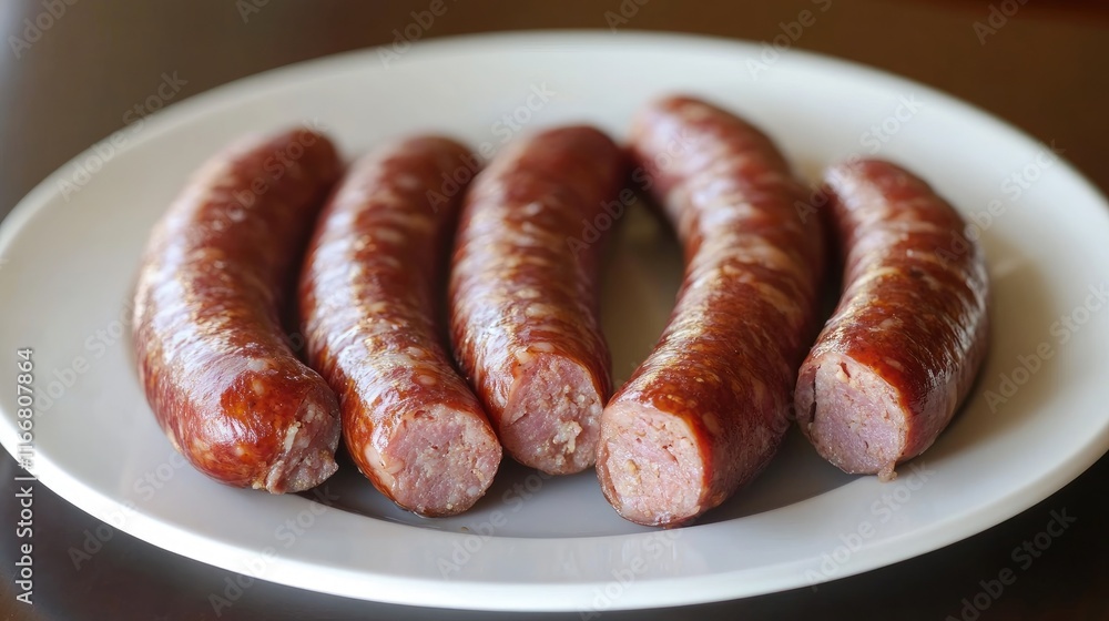 Traditional German Sausages Served on a White Plate Classic Dish of German Cuisine Traditional German Sausages Served on a White Plate Classic Dish of German Cuisine