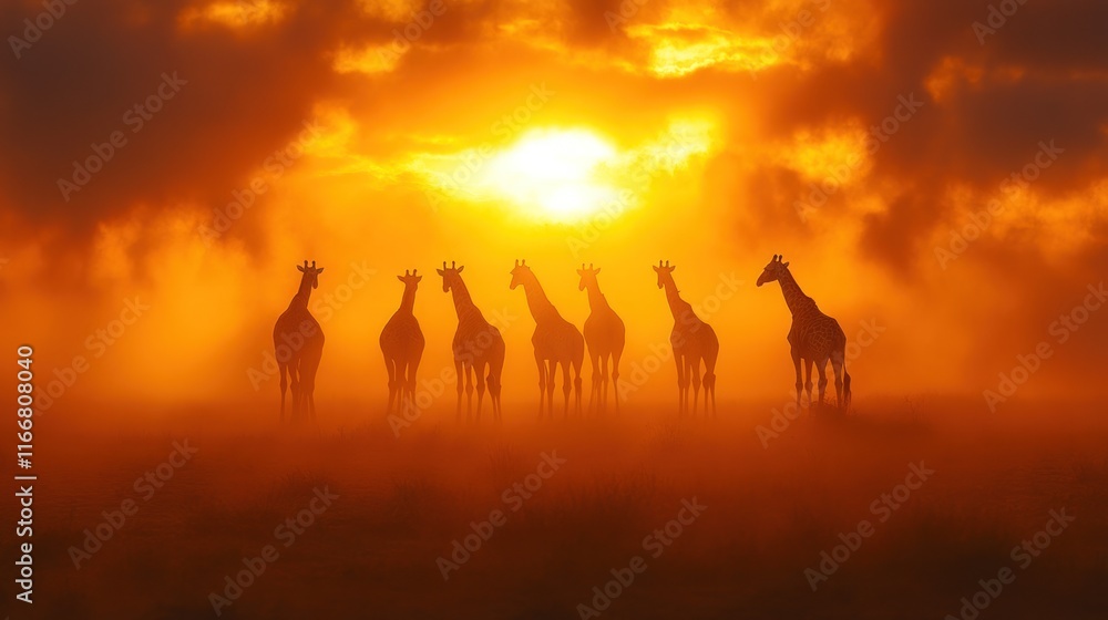 Silhouetted giraffes stand in hazy orange sunset. Silhouetted giraffes stand in hazy orange sunset.