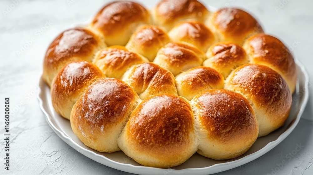 Beautifully arranged freshly baked golden bread rolls on a white platter showcasing their texture and color. Perfect for food photography. Beautifully arranged freshly baked golden bread rolls on a white platter showcasing their texture and color. Perfect for food photography.