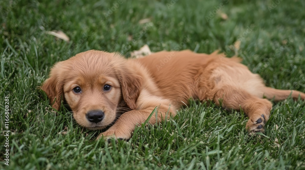 Golden Retriever puppy relaxing on green grass in a sunny outdoor setting, showcasing adorable features and playful demeanor.